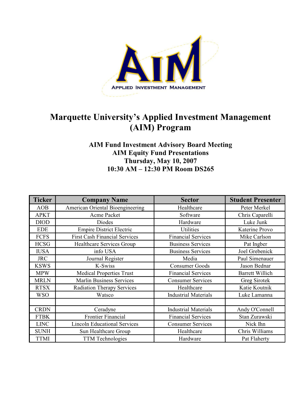 AIM Fund Investment Advisory Board Meeting