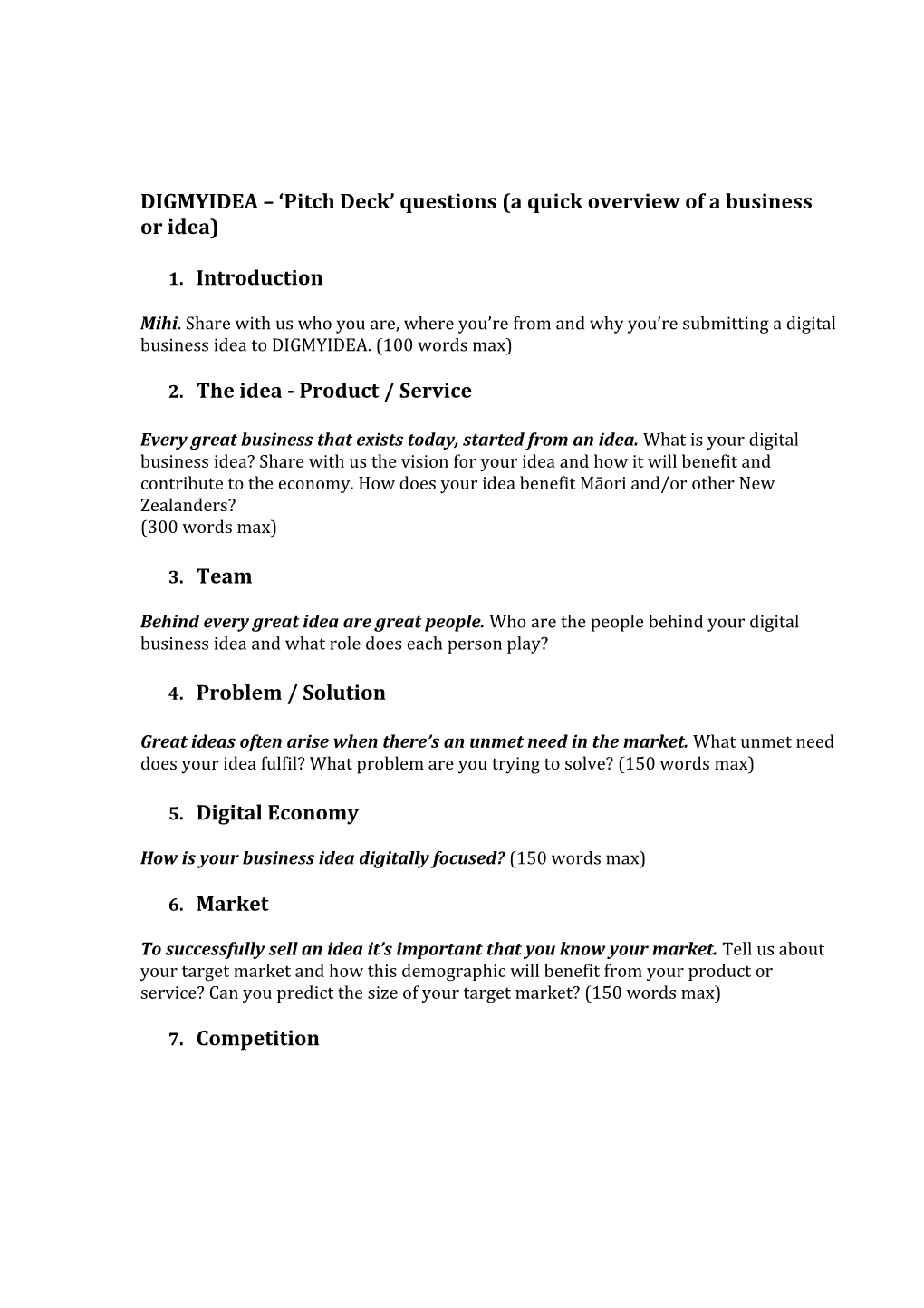 DIGMYIDEA Pitch Deck Questions (A Quick Overview of a Business Or Idea)