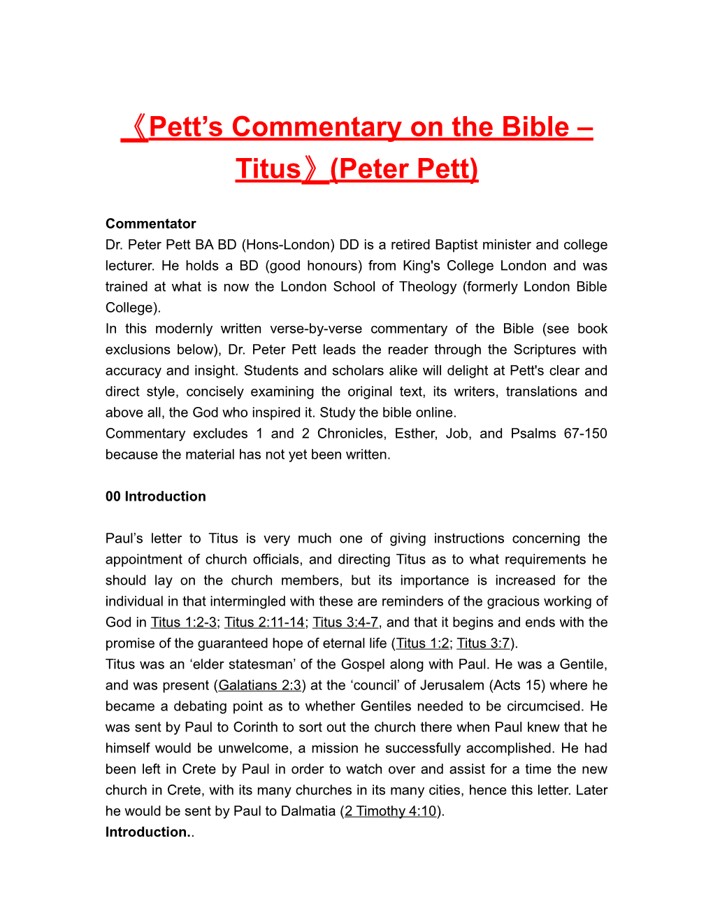 Pett S Commentary on the Bible Titus (Peterpett)