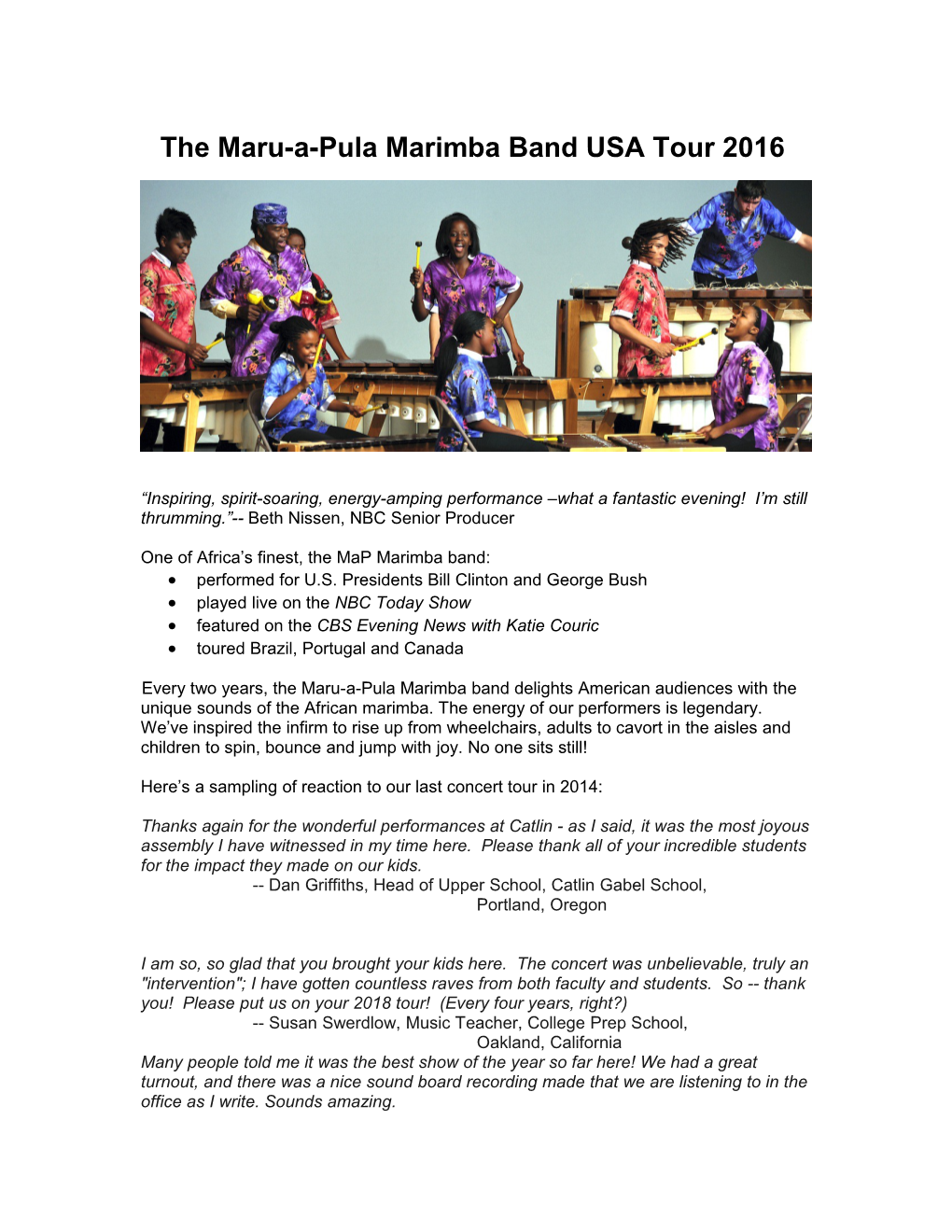 The Maru-A-Pula Marimba Band USA Tour 2016