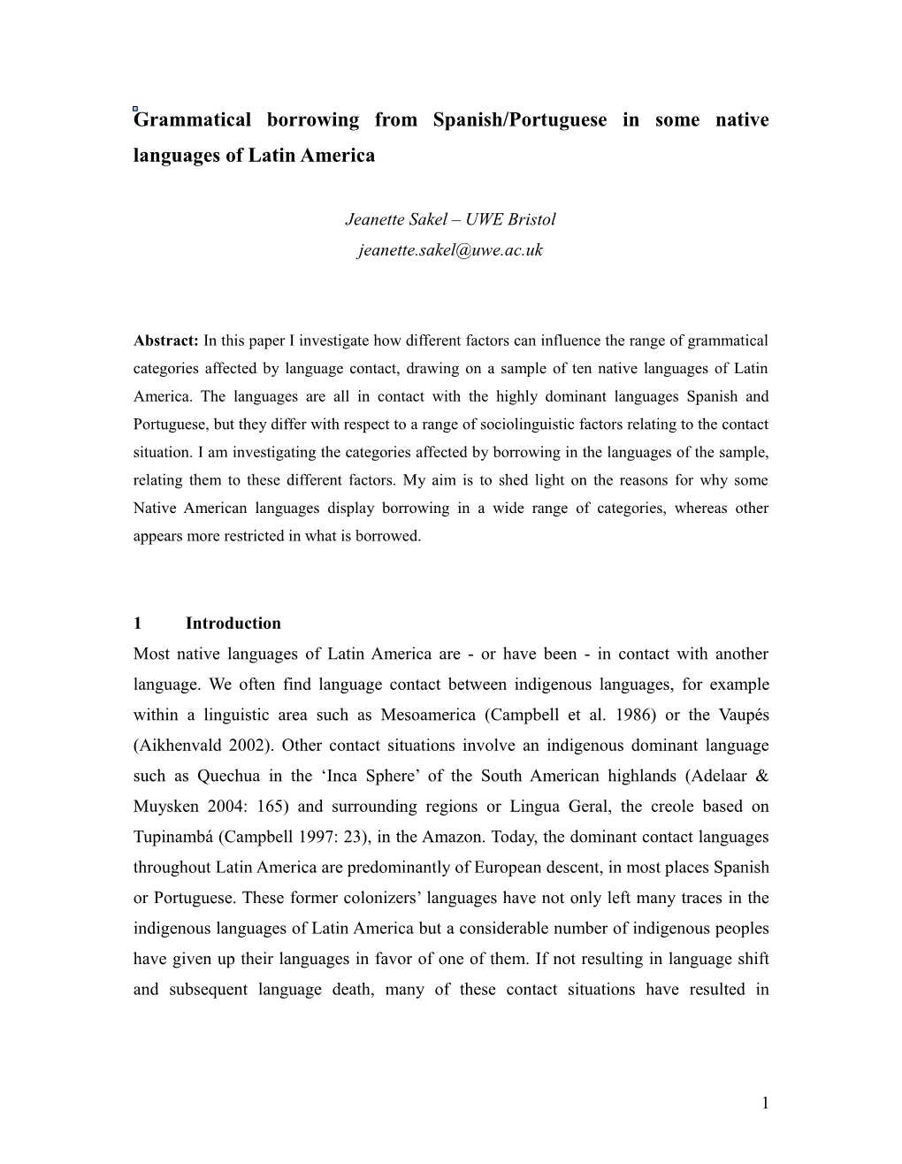 Grammatical Borrowing in the Native Languages of South America from A