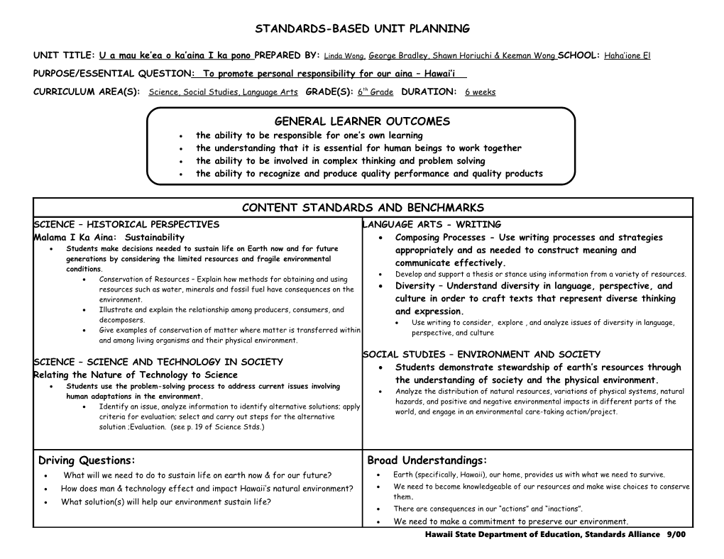 Standards-Based Unit Planning