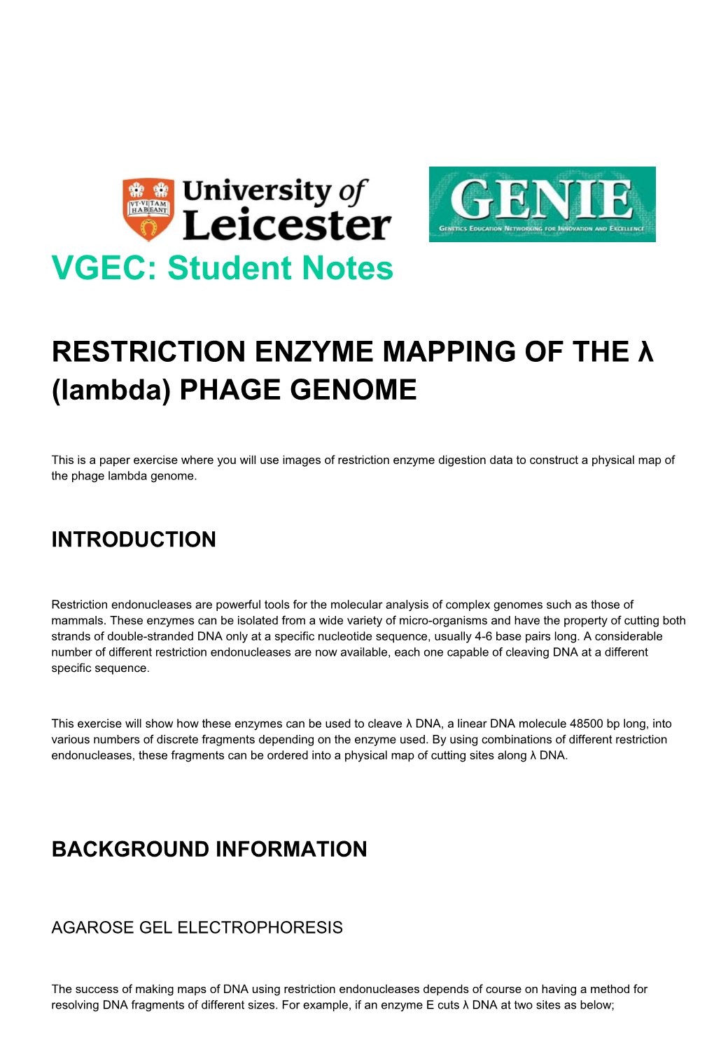 Restriction Enzyme Mapping of the Lambda Phage Genome , Student Notes, Tutorial