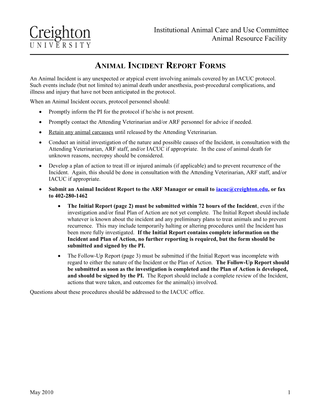 Animal Incident Report Forms