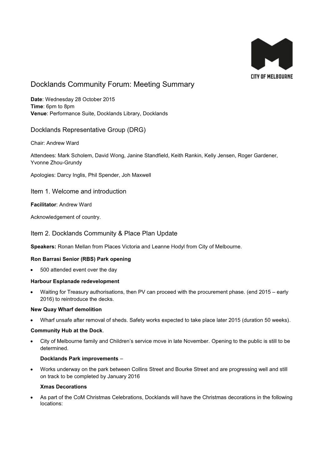 Docklands Community Forum Meeting Summary 28 October 2015