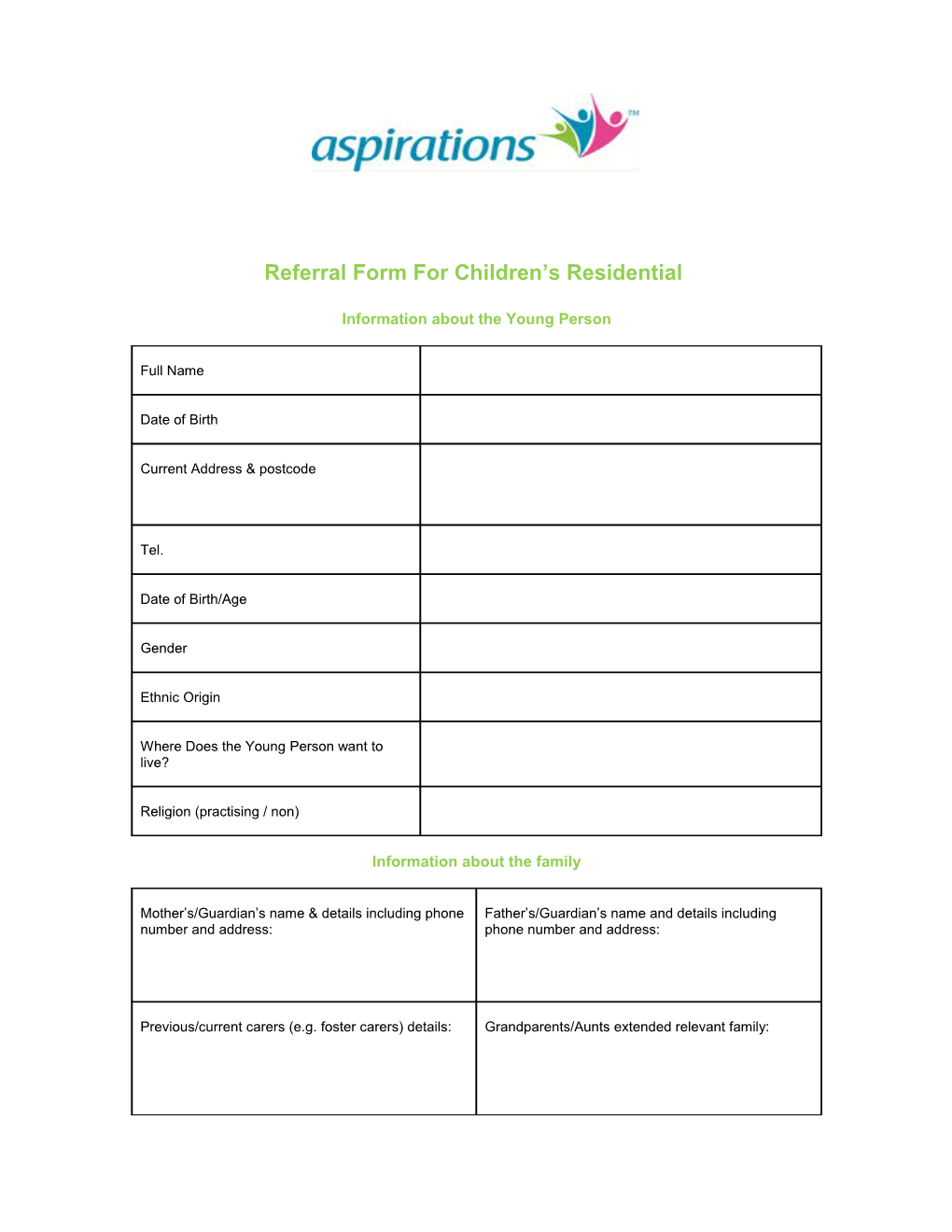 Referral Form for Children S Residential