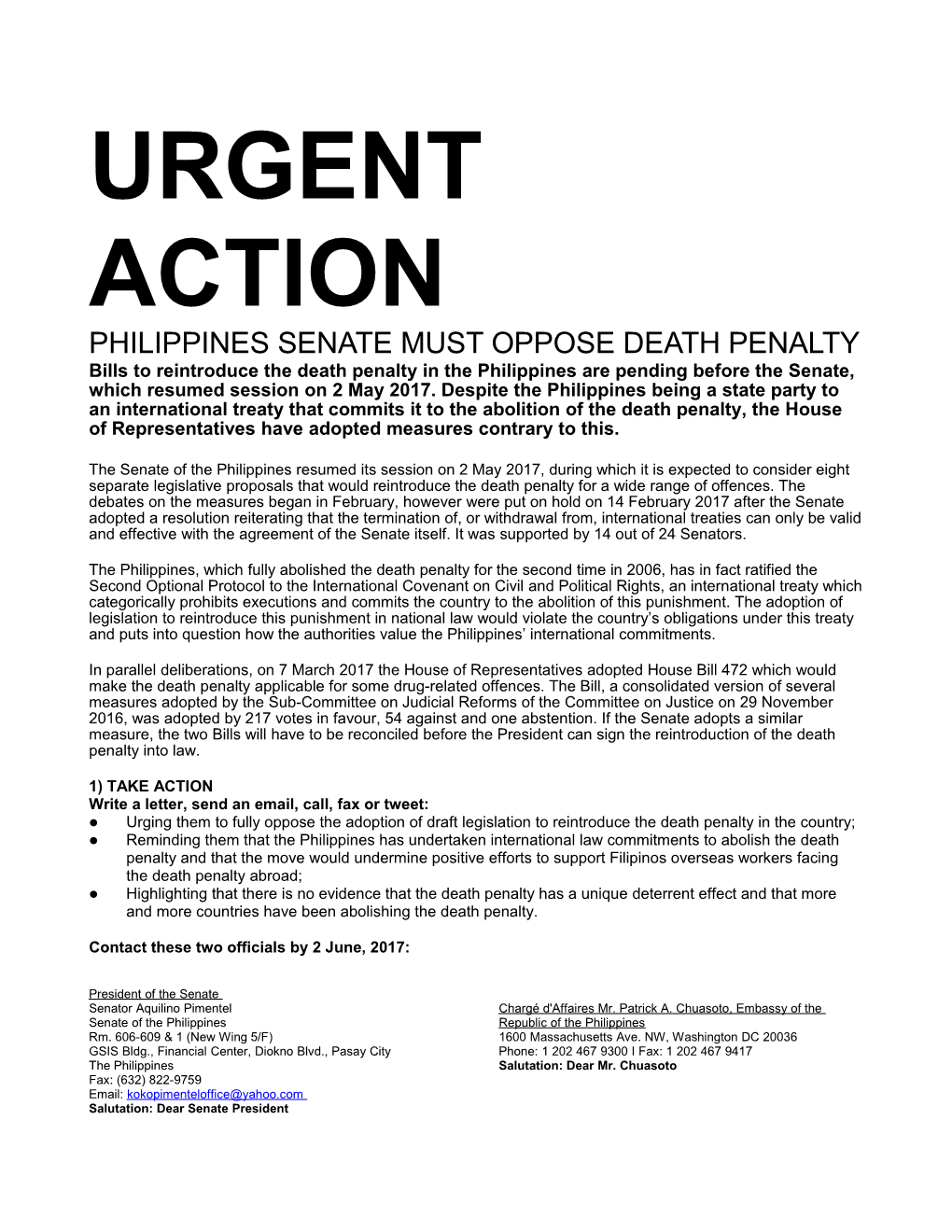 Philippines Senate Must Oppose Death Penalty