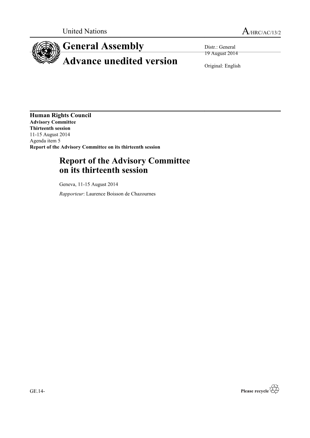 Report of the Advisory Committee on Its Thirteenth Session