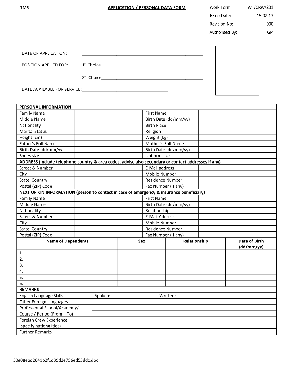 Application / Personal Data Form