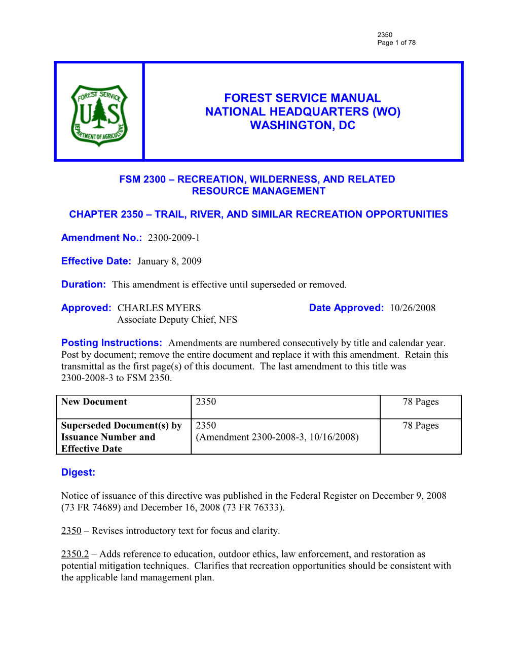 Fsm 2300 Recreation, Wilderness, and Related