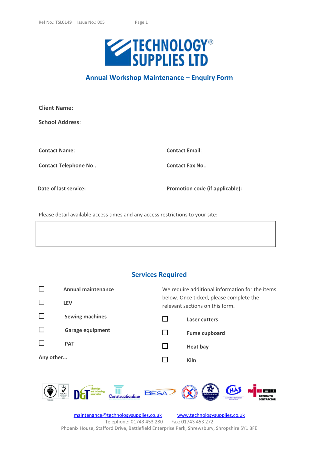 Annual Workshop Maintenance Enquiry Form