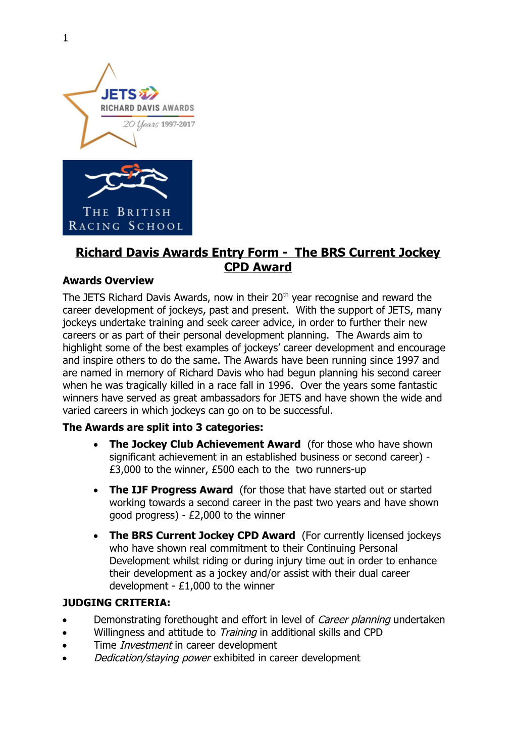 Richard Davis Awards Entry Form - the BRS Current Jockey CPD Award