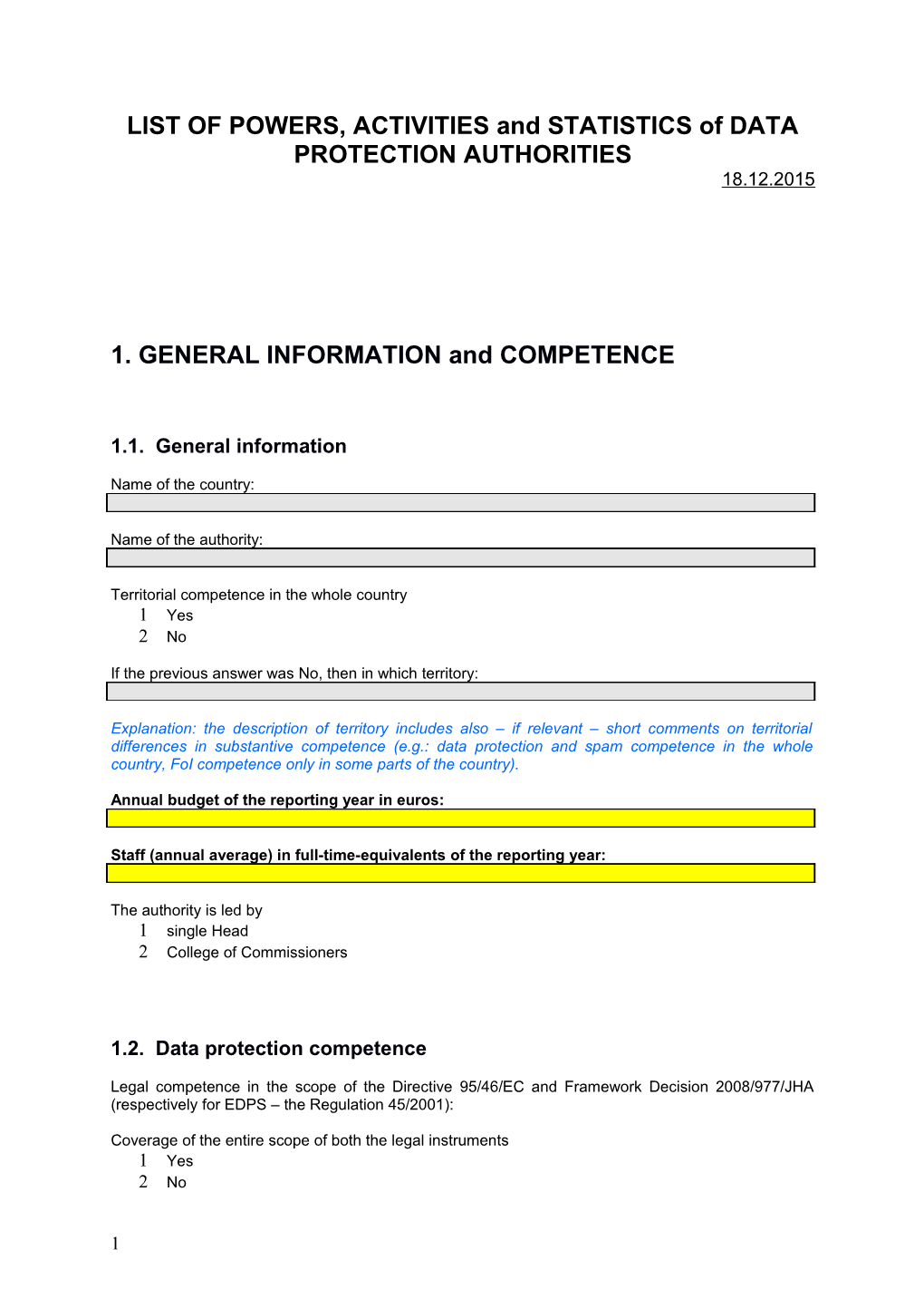 LIST of POWERS, ACTIVITIES and STATISTICS of DATA PROTECTION AUTHORITIES