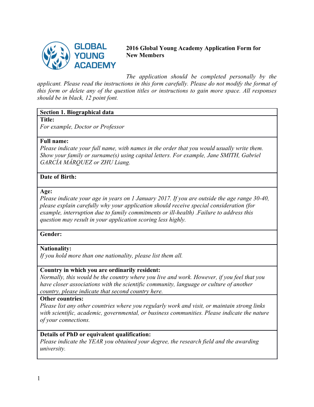 2016 Global Young Academy Application Form for New Members