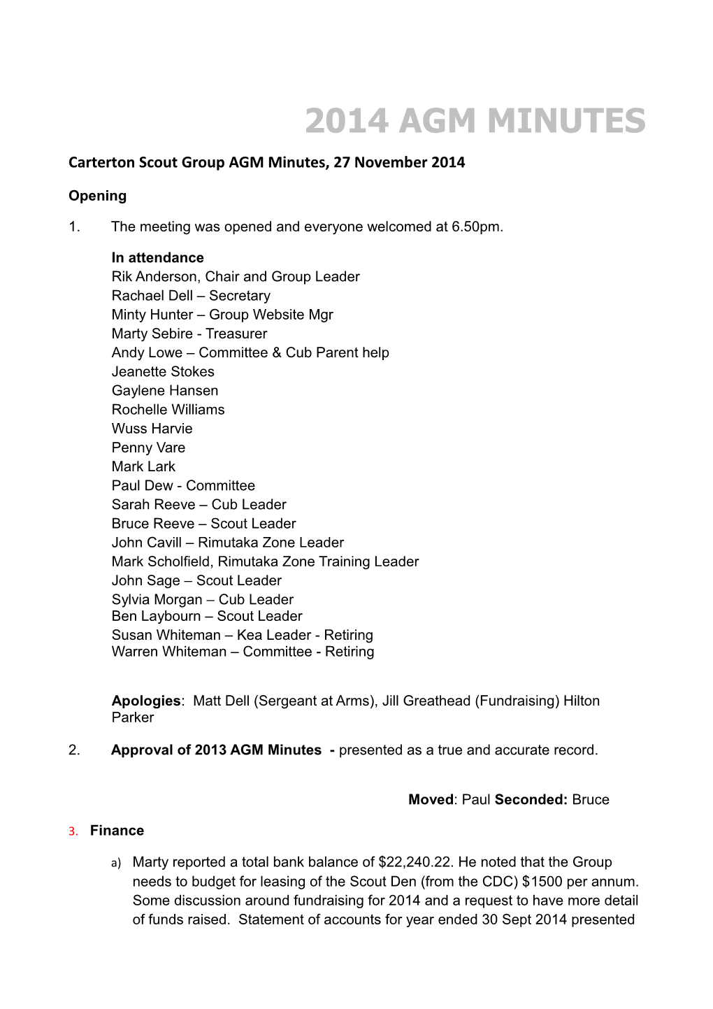 Carterton Scout Group AGM Minutes, 27 November 2014