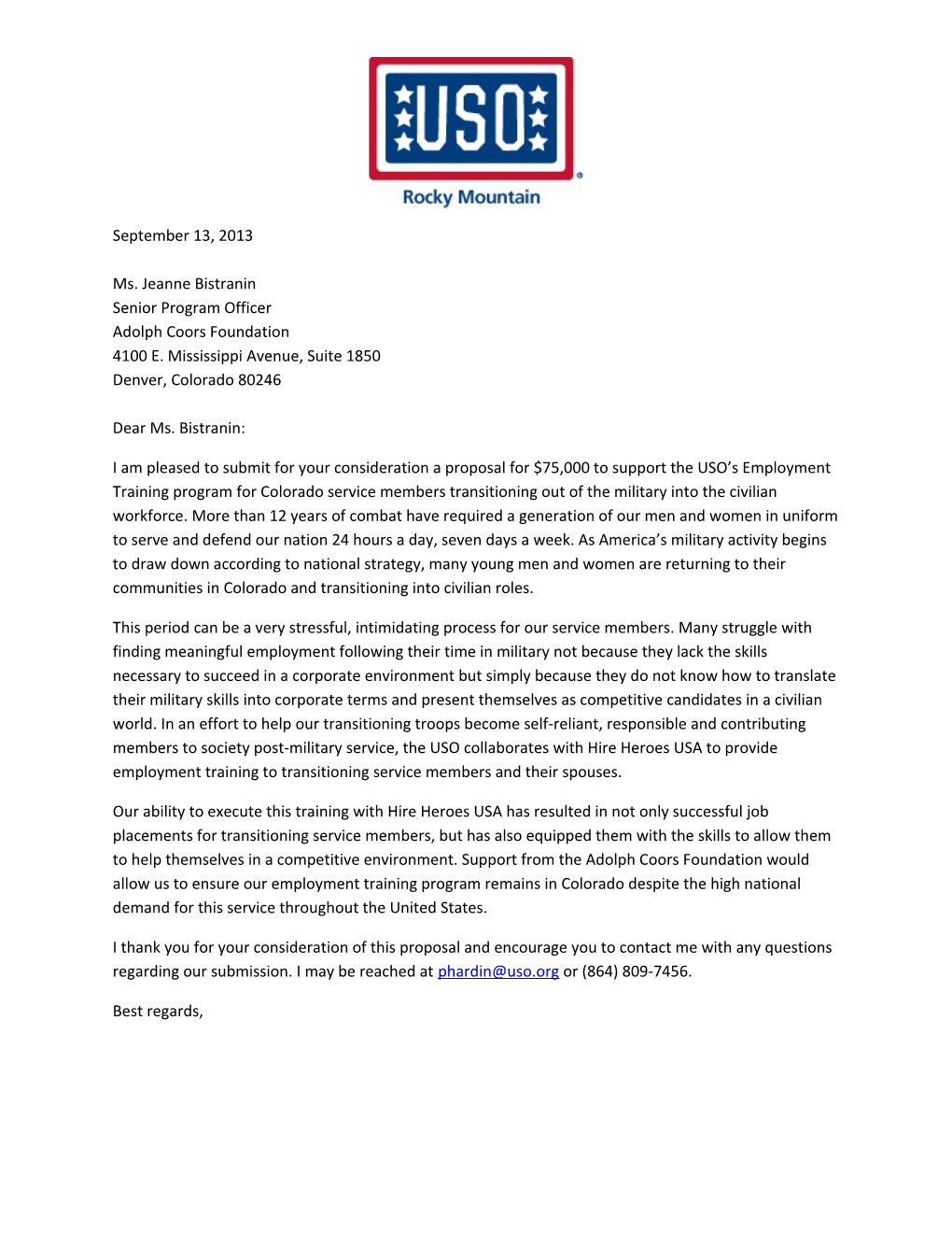 I Am Pleased to Submit for Your Consideration a Proposal for $75,000 to Support the USO