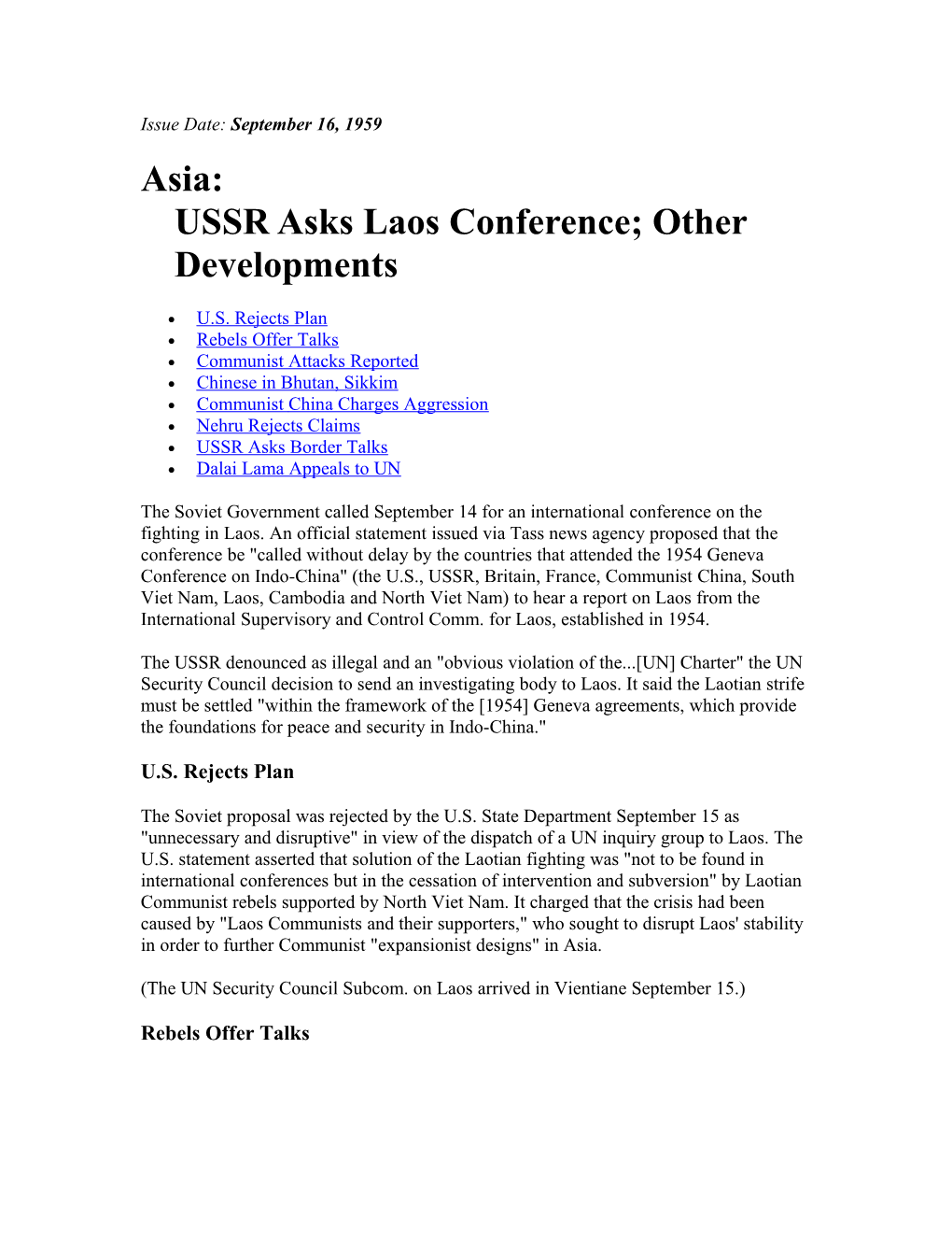 Asia:USSR Asks Laos Conference; Other Developments