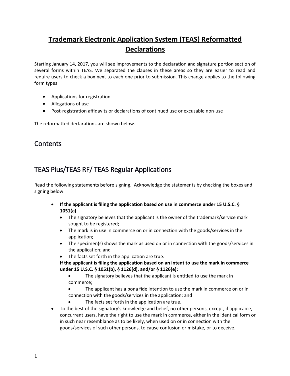 Trademark Electronic Application System (TEAS) Reformatted Declarations