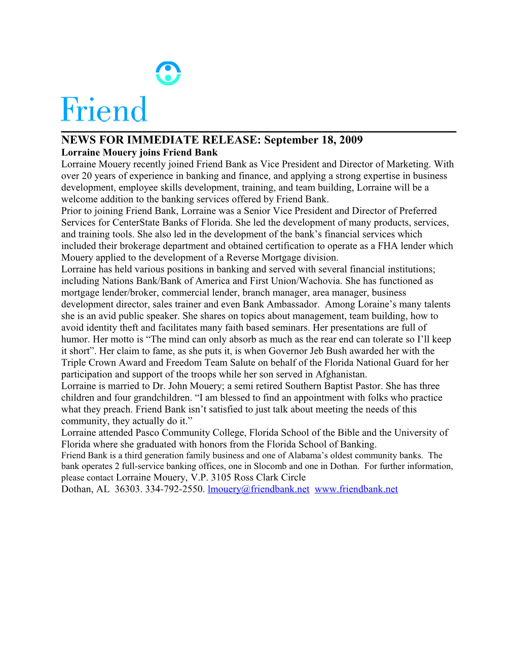 NEWS for IMMEDIATE RELEASE: September 18, 2009