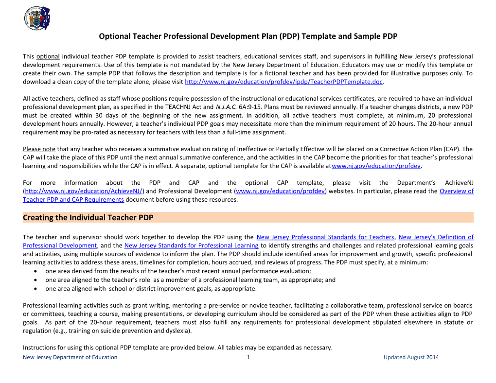 Optional Teacher Professionaldevelopment Plan (PDP) Templateand Sample PDP