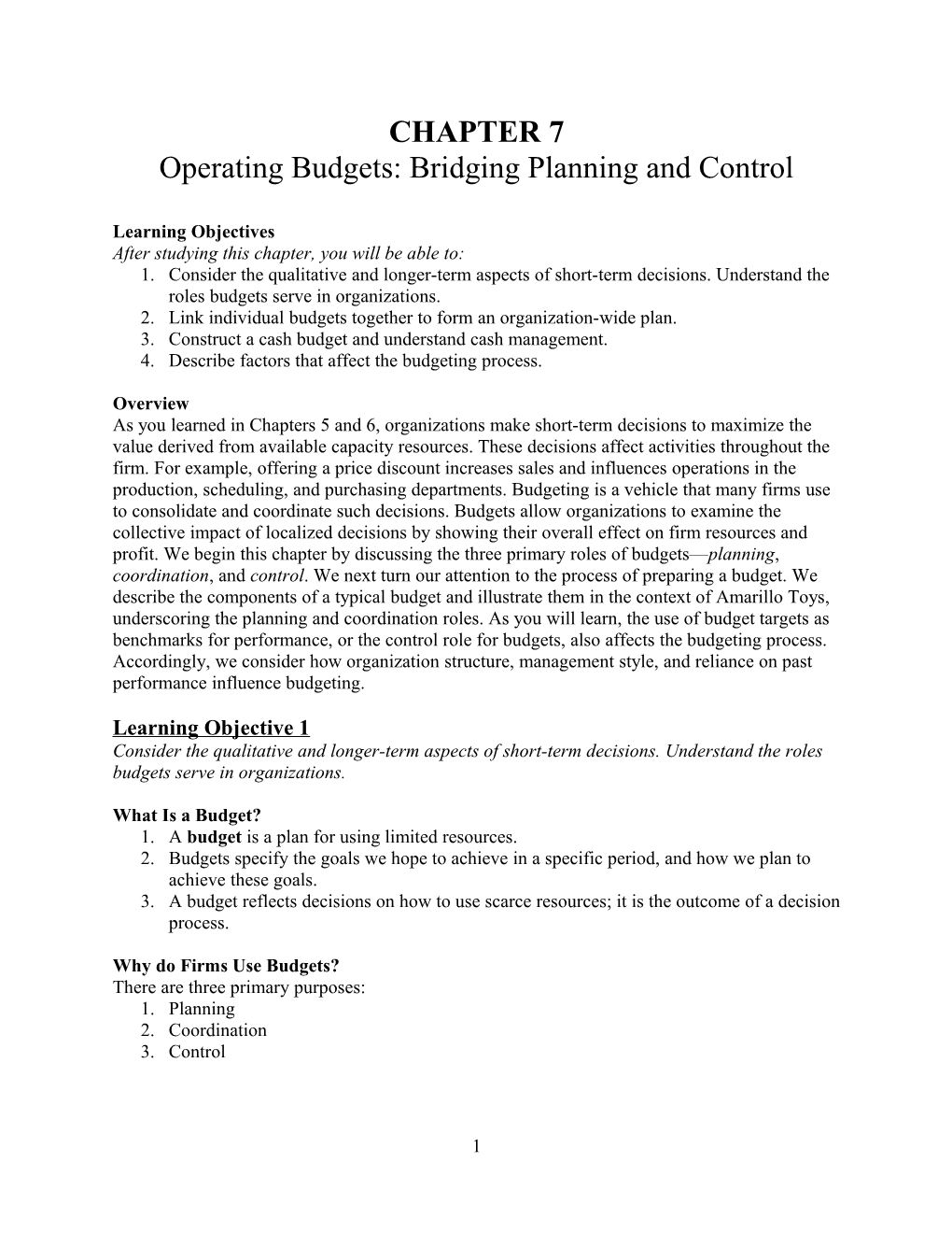 Operating Budgets: Bridging Planning and Control