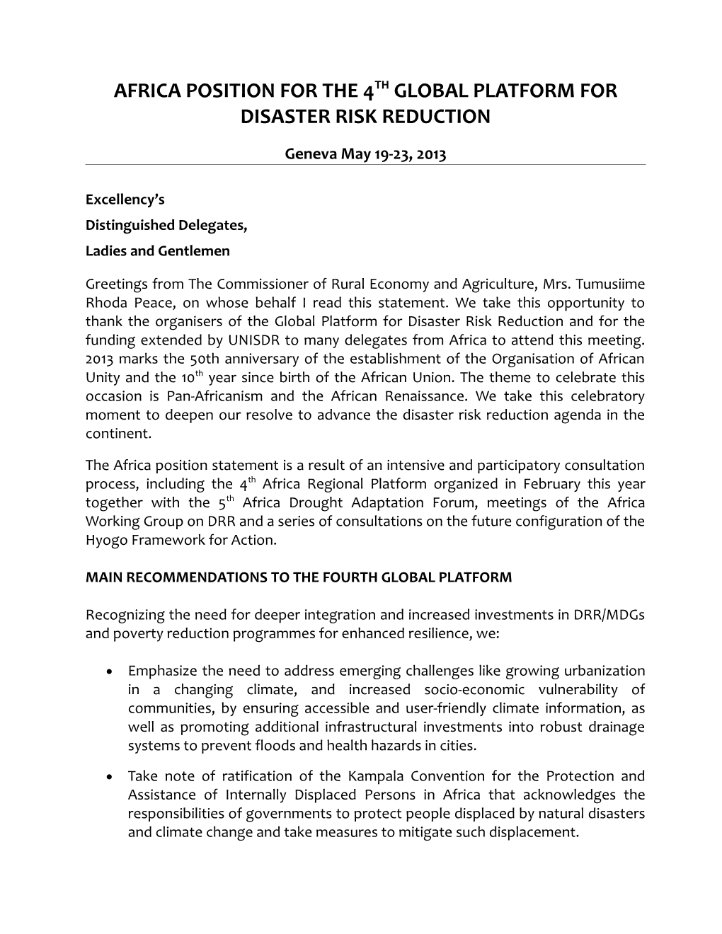 Africa Position for the 4Th Global Platform for Disaster Risk Reduction