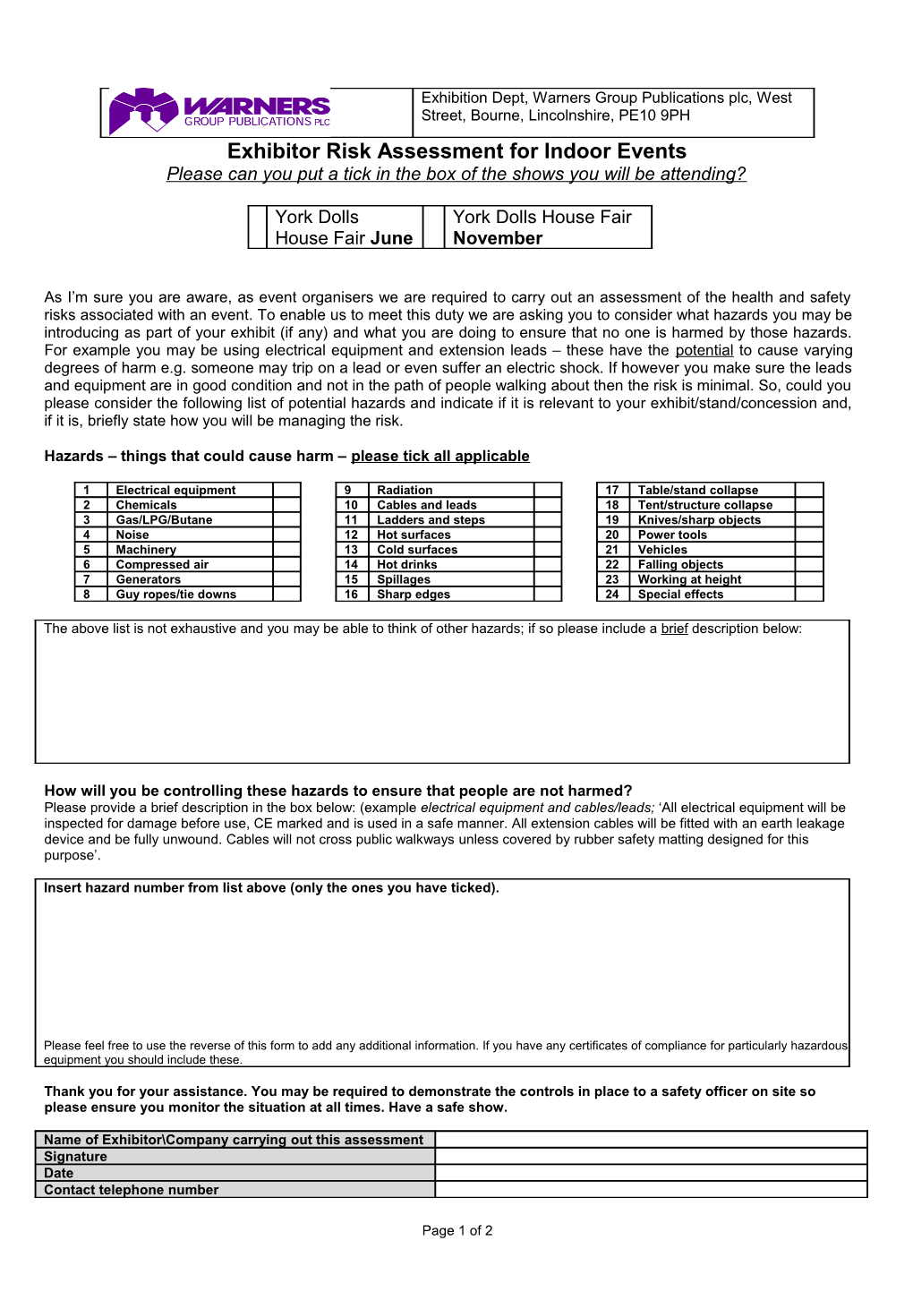 Exhibitor Risk Assessment