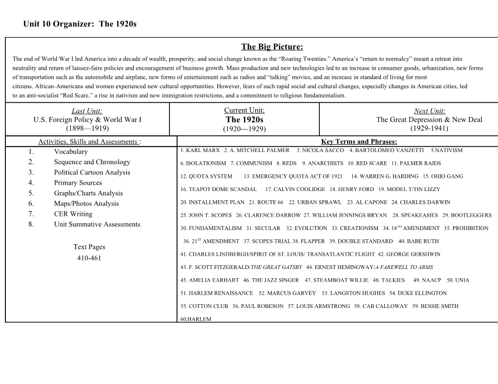 Unit 10 Organizer: the 1920S