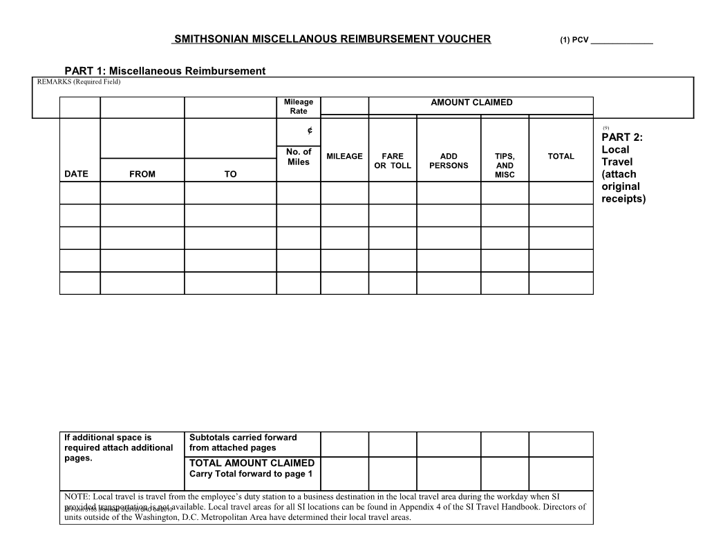 Smithsonian Miscellanous Reimbursement Voucher (1) Pcv ______