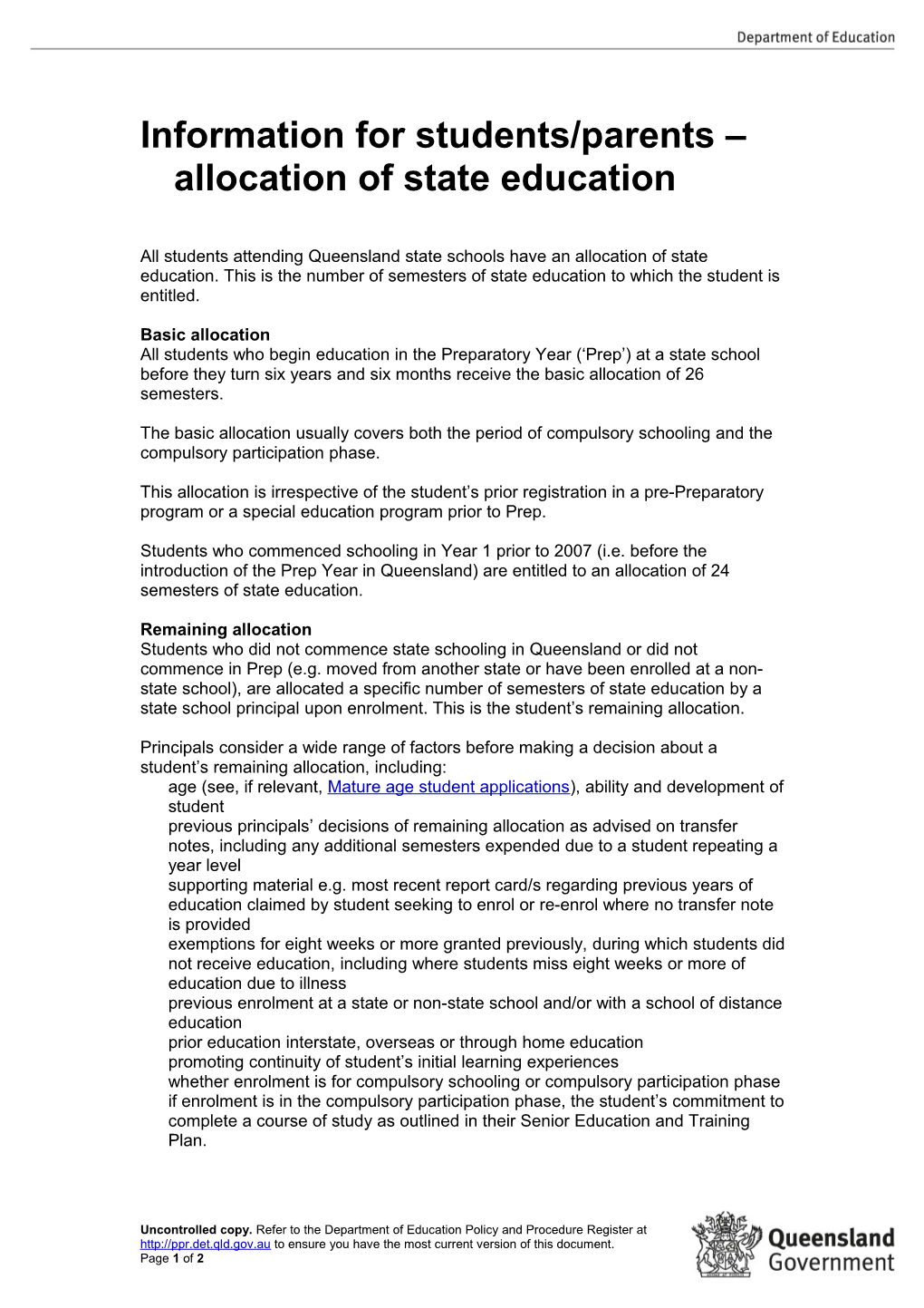 Form ASE - 20 - Information for Students and Parents Re Allocation of State Education