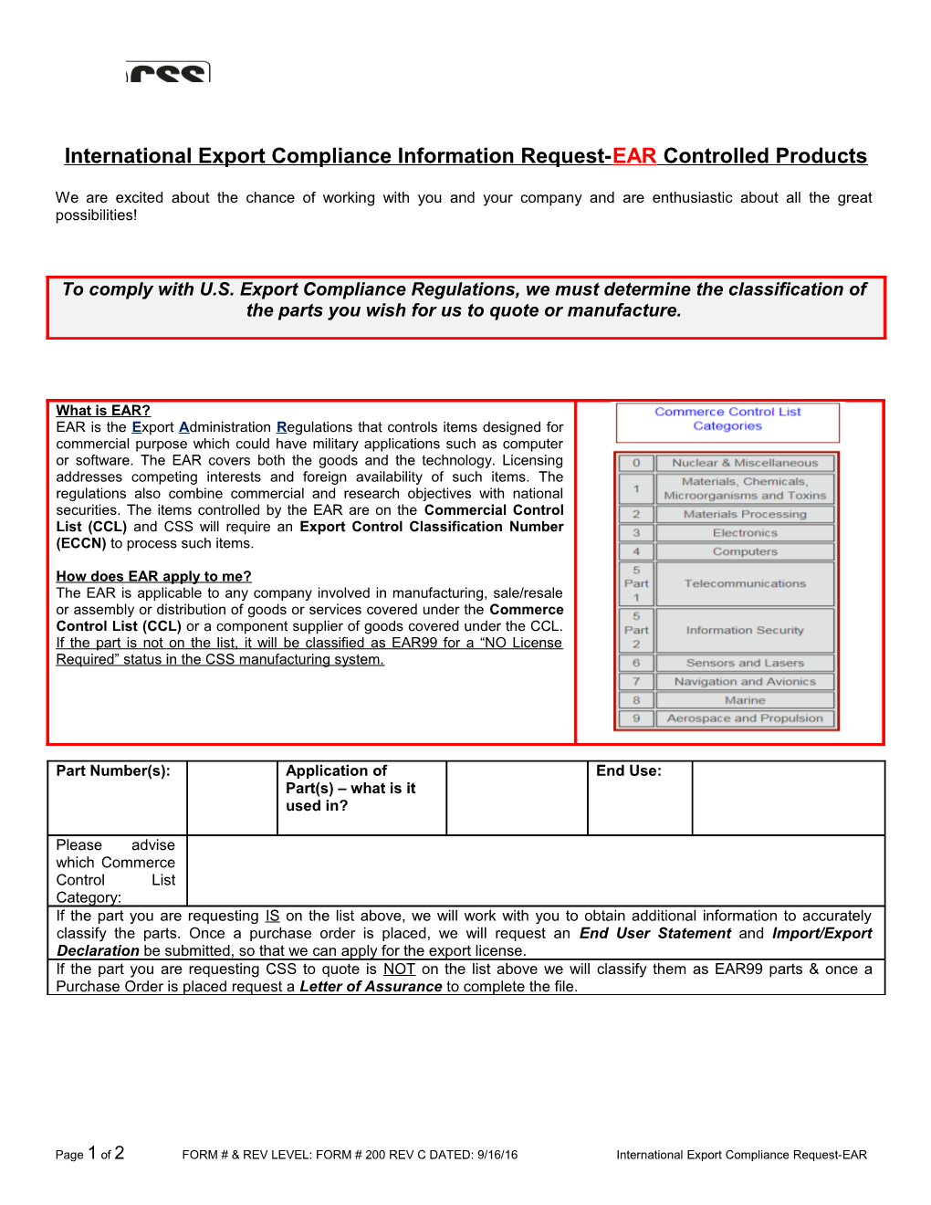 International Export Compliance Information Request-EAR Controlled Products