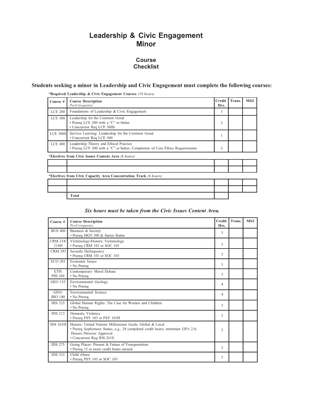 Students Seeking a Minor in Leadership and Civic Engagement Must Complete the Following