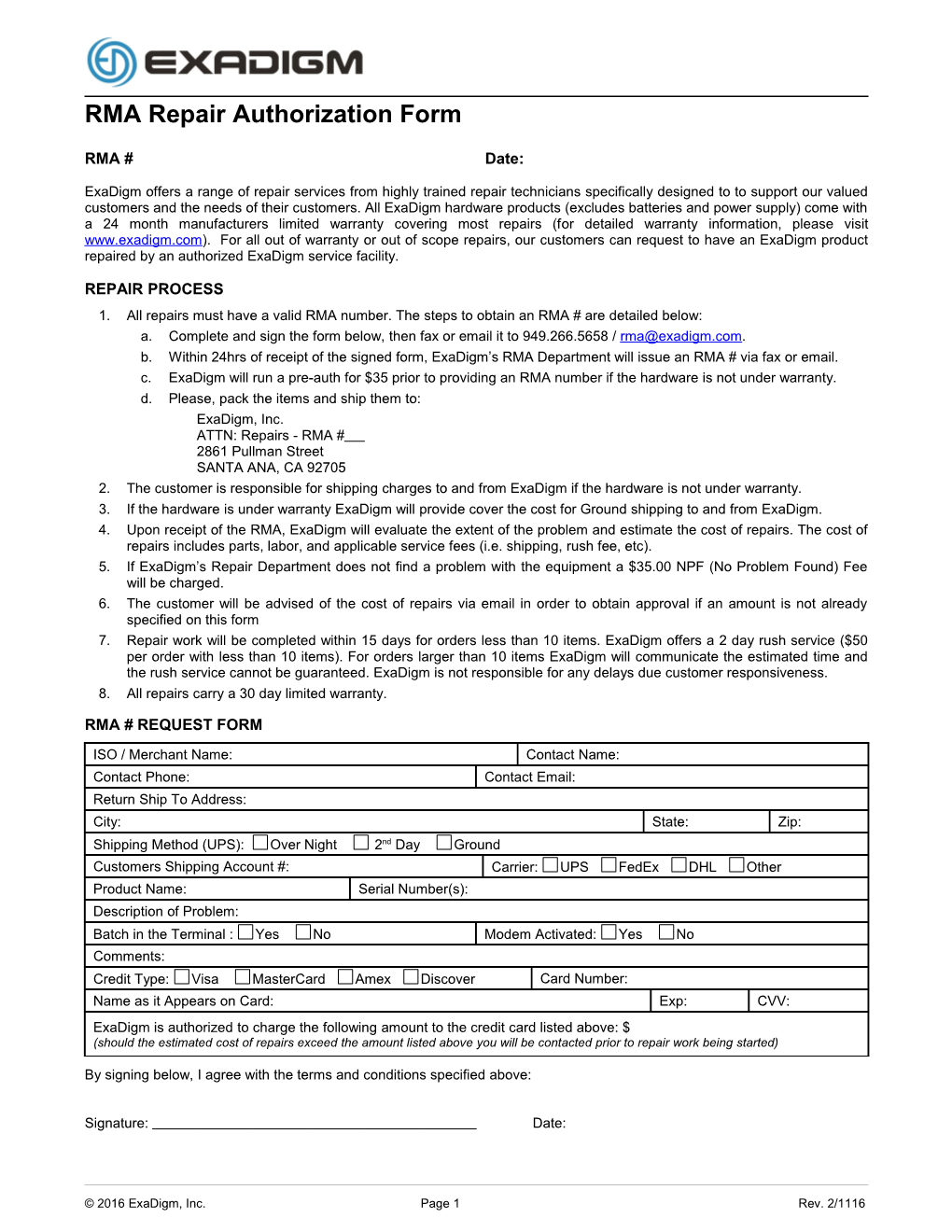 RMA Repair Authorization Form