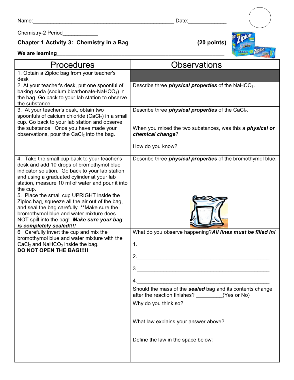 Chapter 1 Activity 3: Chemistry in a Bag (20 Points)