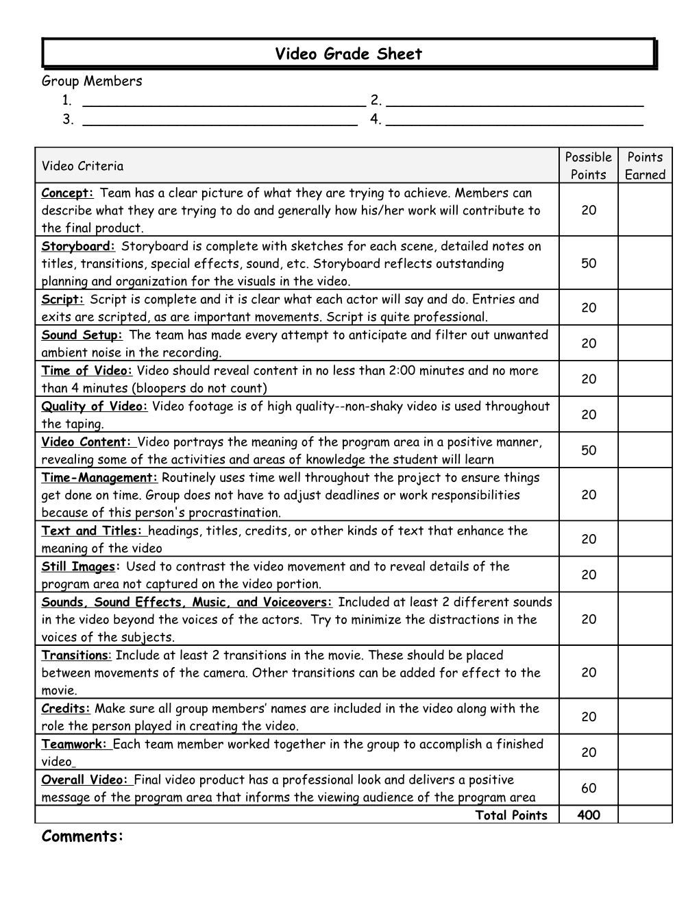 Video Grade Sheet