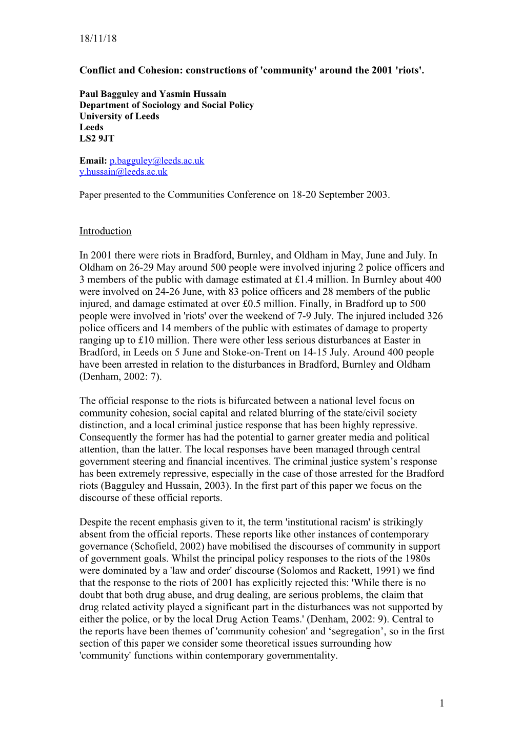 Conflict and Cohesion: Constructions of 'Community' Around the 2001 'Riots'