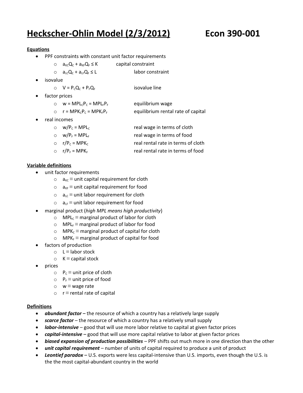 Heckscher-Ohlin Model (2/3/2012)Econ 390-001