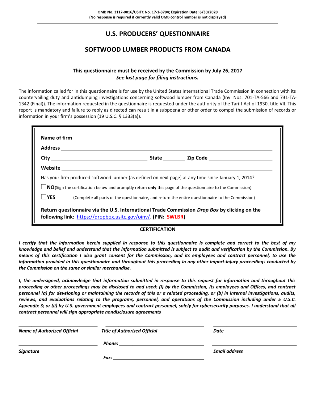 OMB No. 3117-0016/USITC No. 17-1-3704; Expiration Date: 6/30/2020