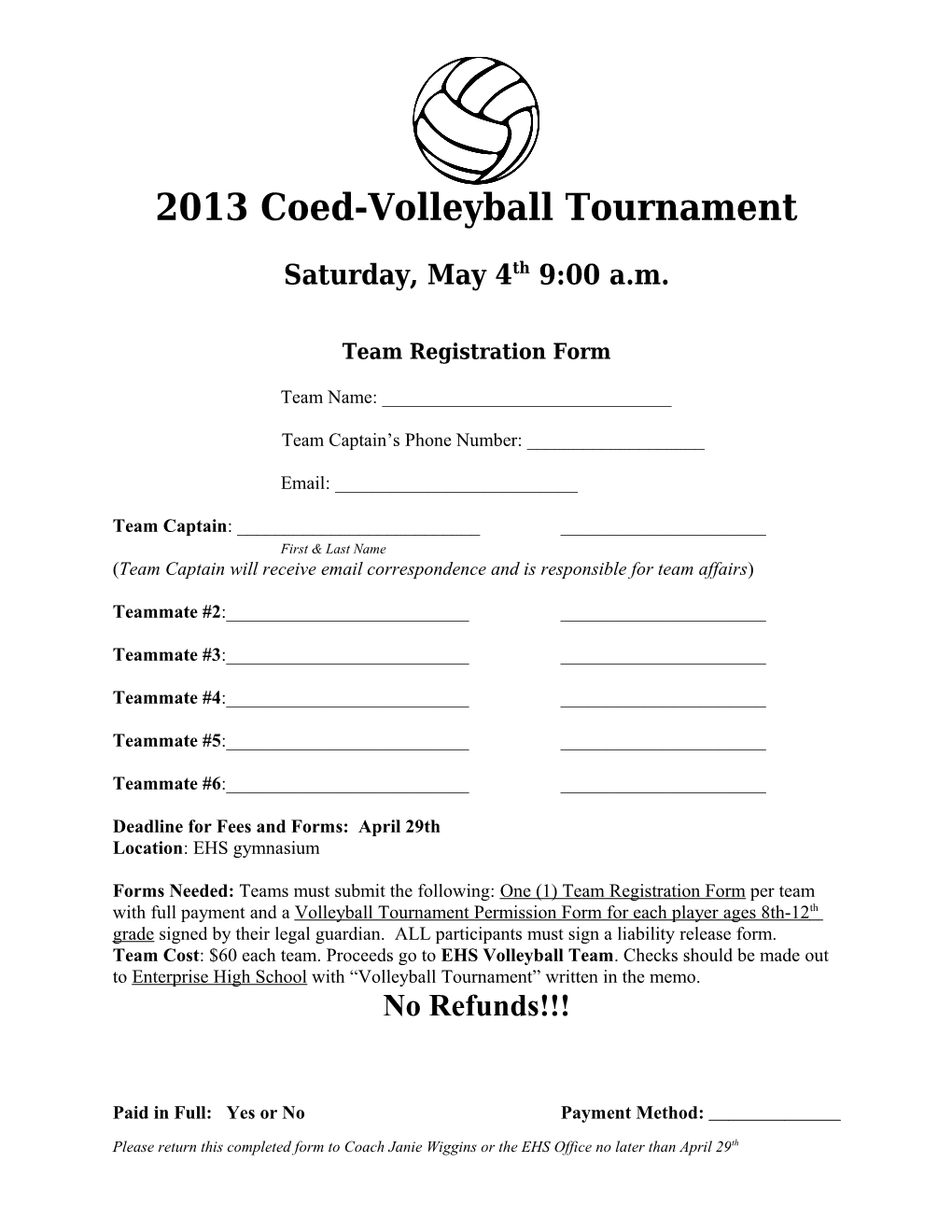 Dodgeball Tournament Registration Form