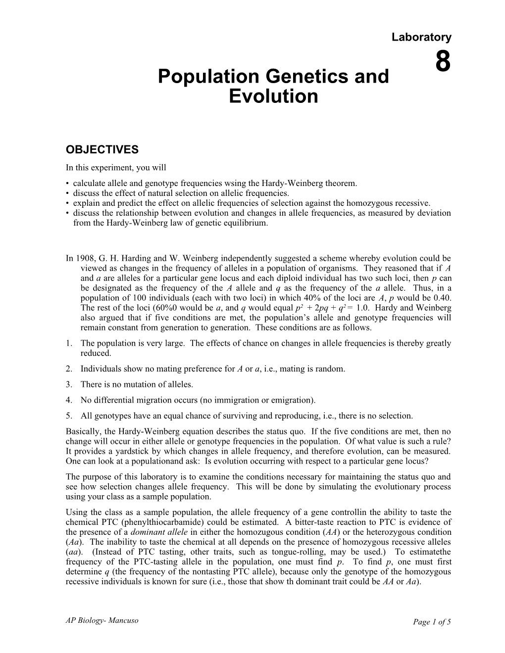 Lab 8: Population Genetics and Evolution