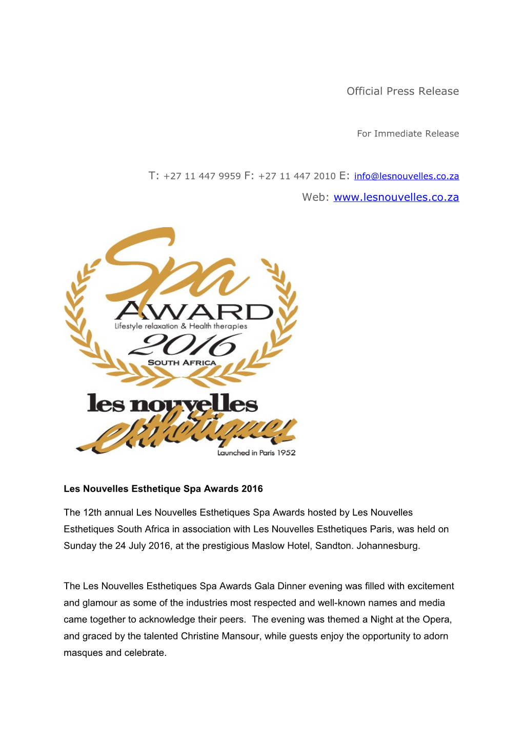 Les Nouvelles Esthetique Spa Awards 2016