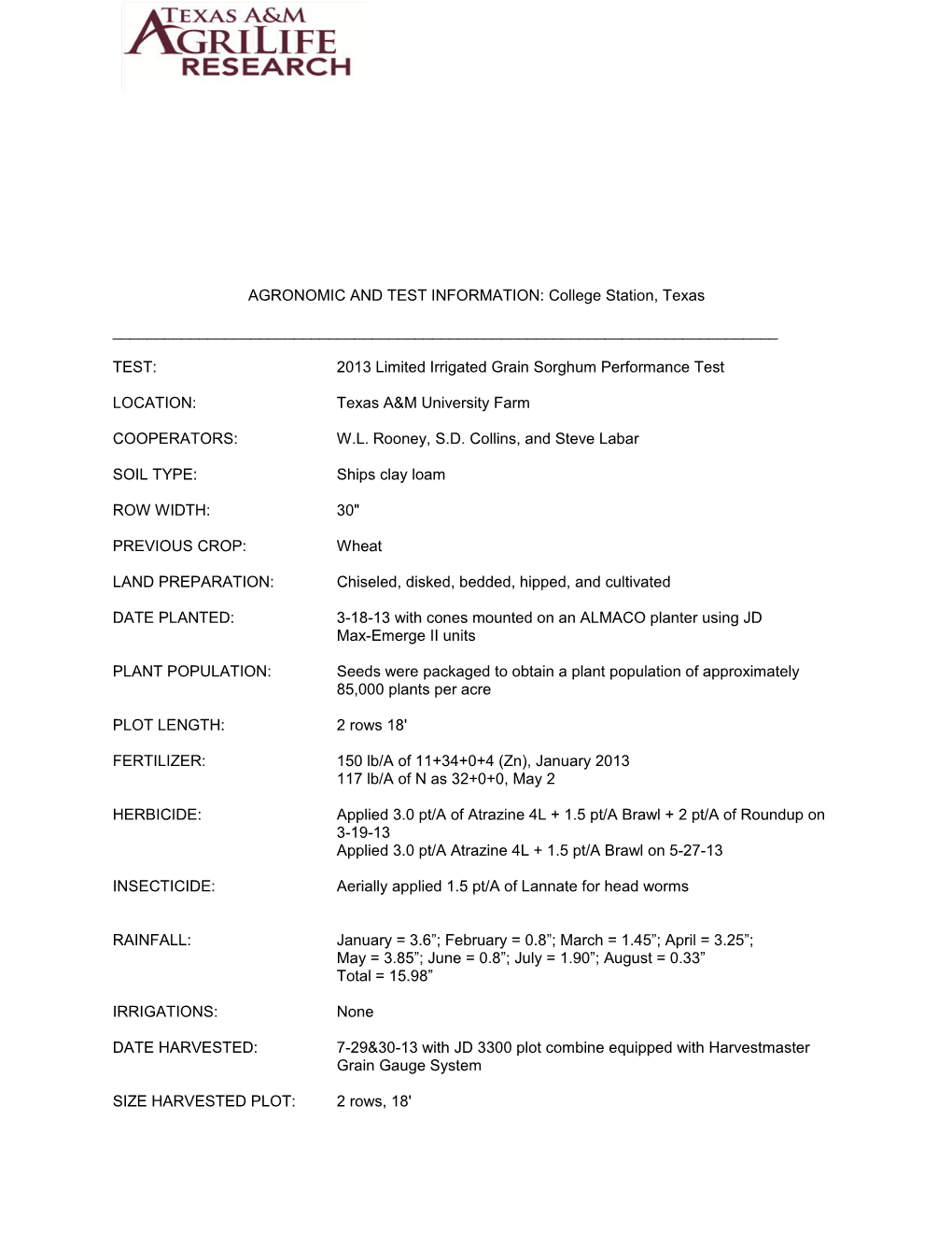 Agronomic and Test Information: College Station