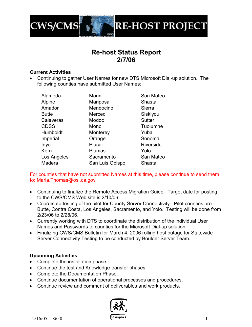 CWS/CMS County Re-Host Communication Plan