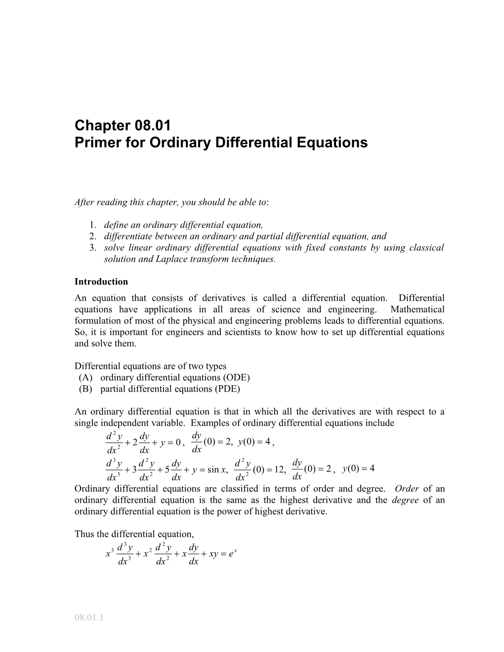 A Primer for Ordinary Differential Equations