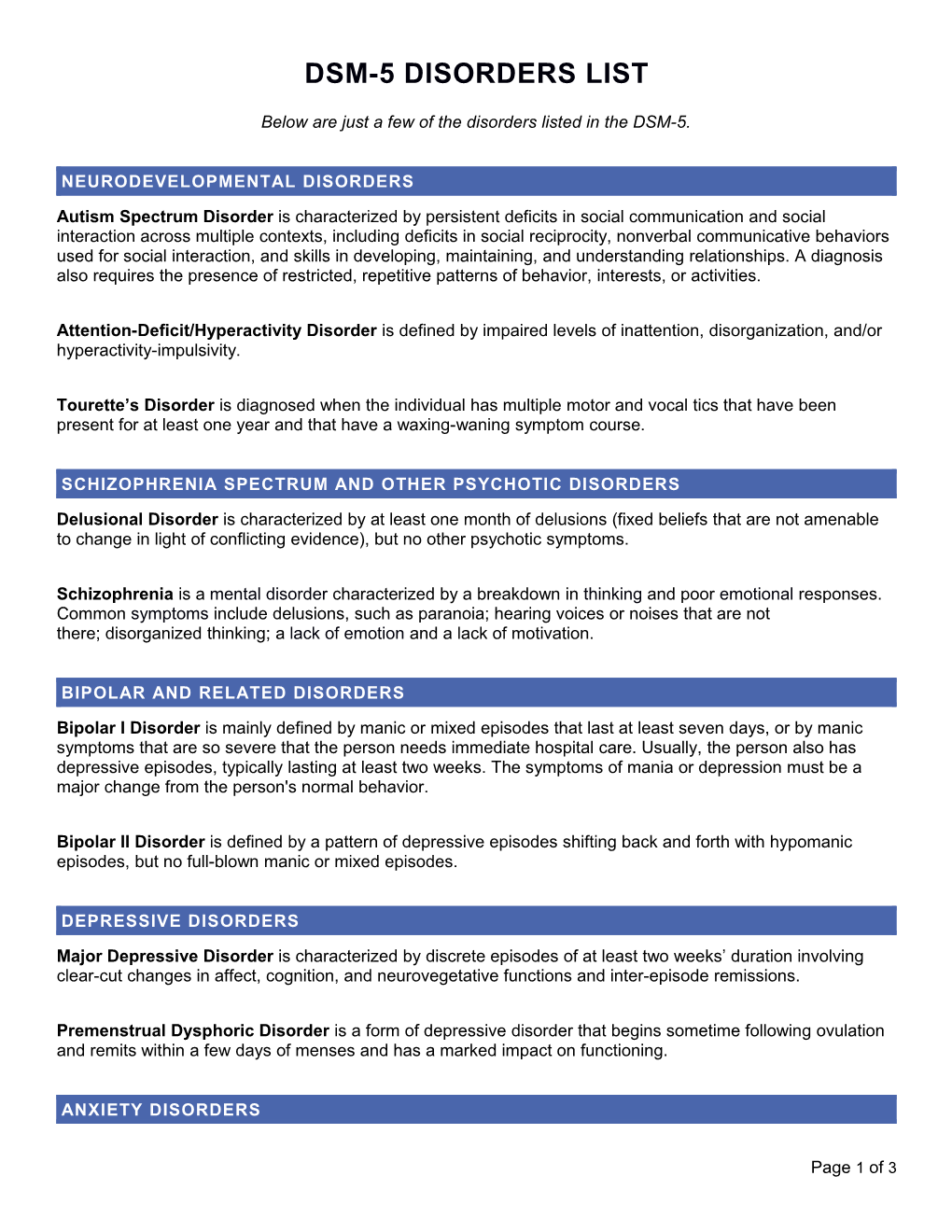 Below Are Just a Few of the Disorders Listed in the DSM-5