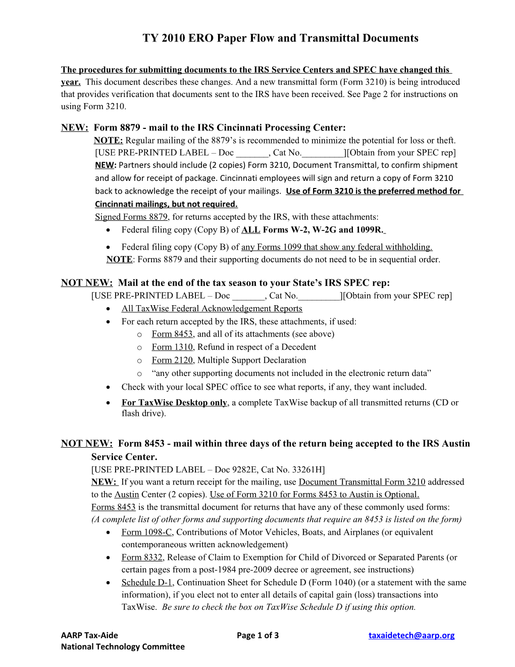 TY 2010 ERO Paper Flow and Transmittal Documents