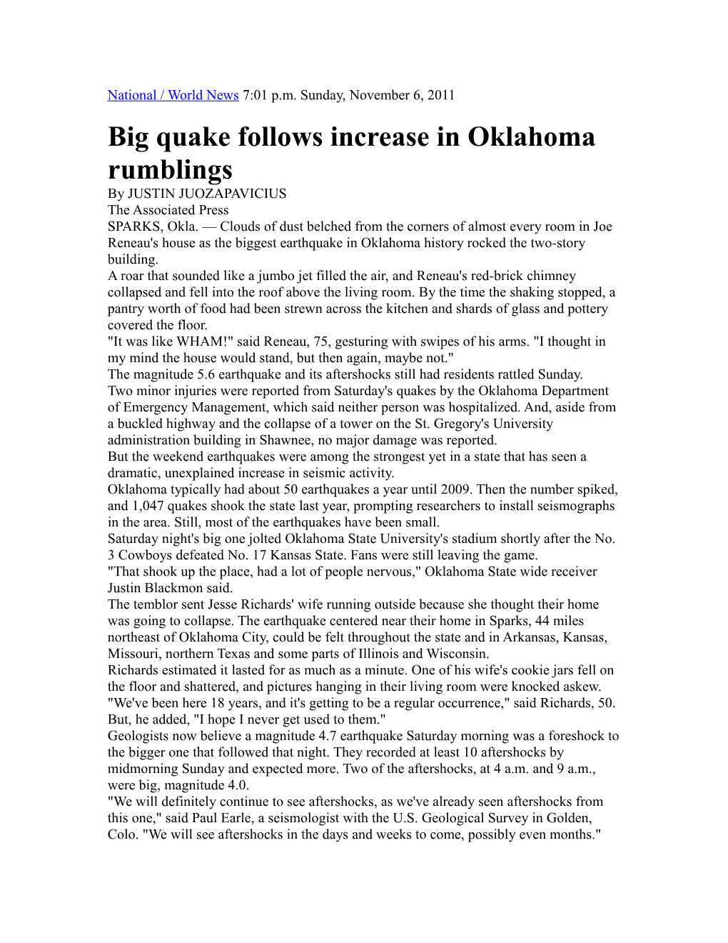 Big Quake Follows Increase in Oklahoma Rumblings