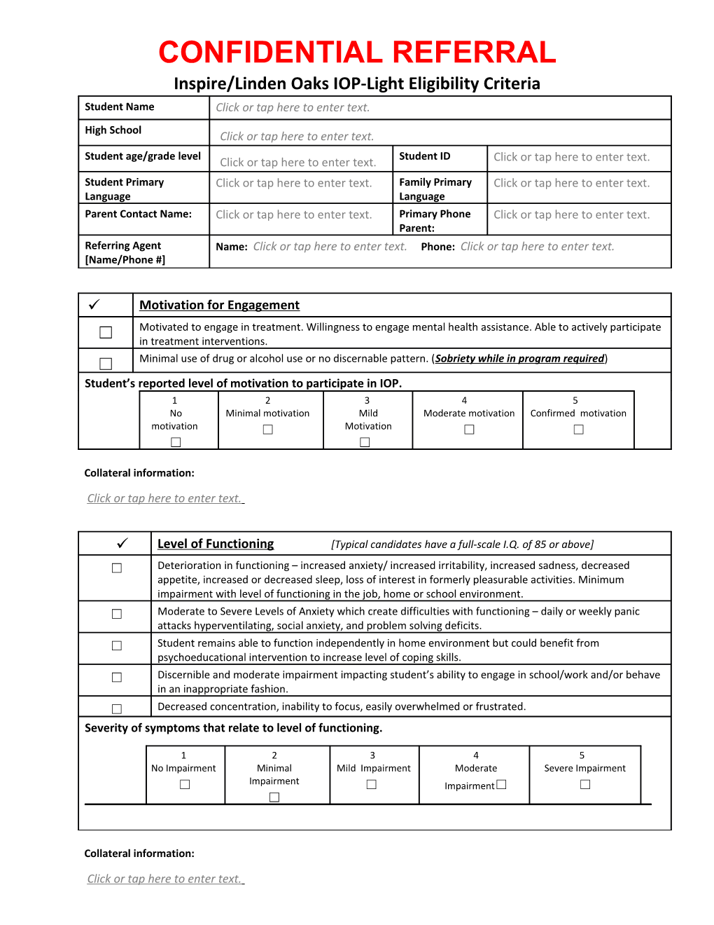 Inspire/Linden Oaks IOP-Light Eligibility Criteria