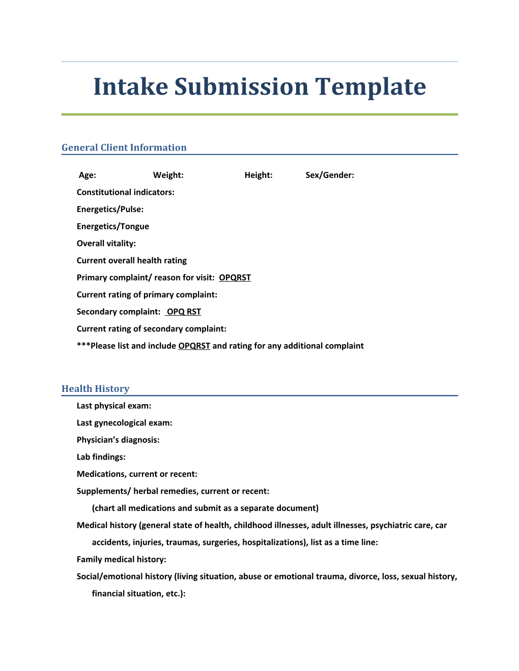 Intake Submission Template