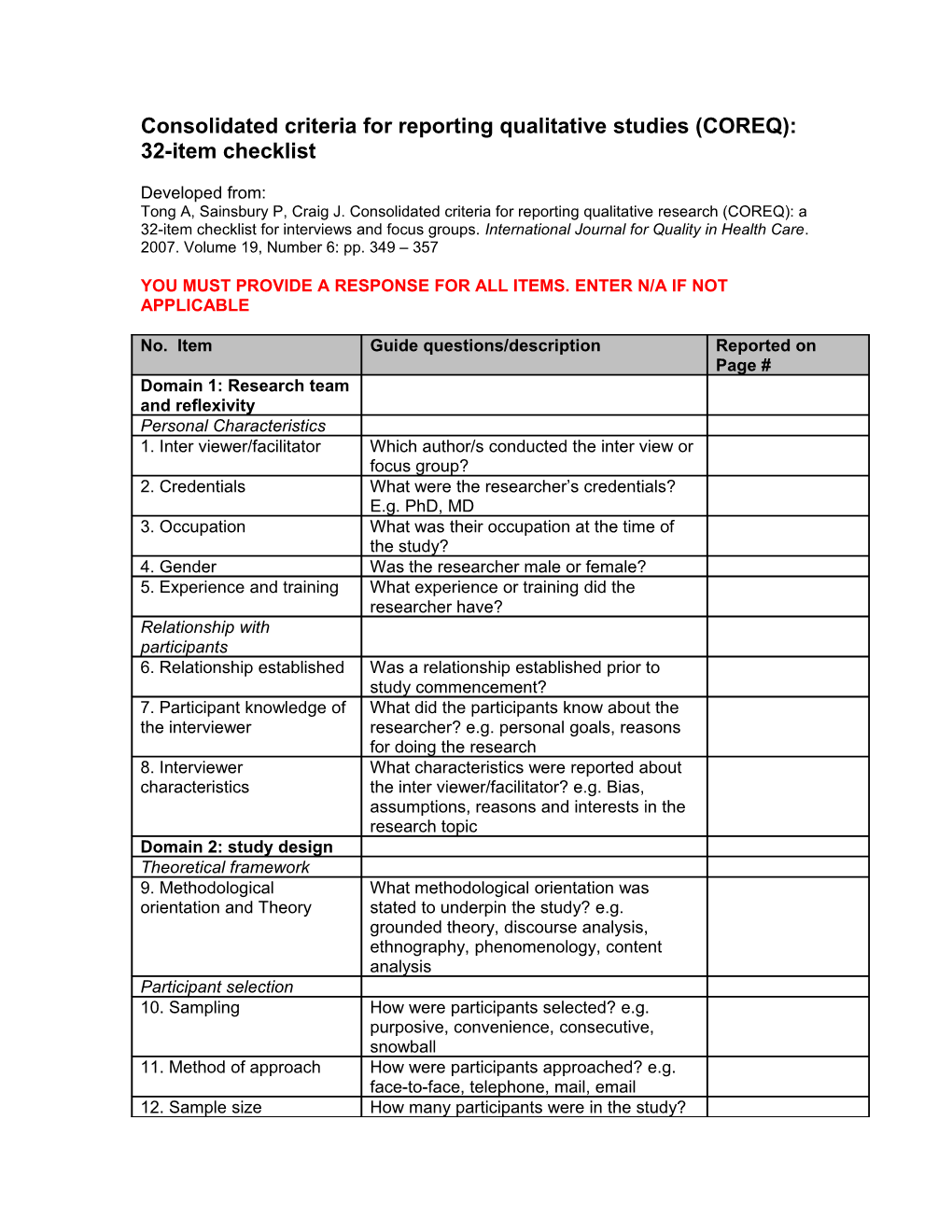 Consolidated Criteria for Reporting Qualitative Studies (COREQ): 32-Item Checklist